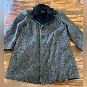 Bontany 500 Wool Coat Men’s Black 40Long Winter  Trench Coat Faux Fur Lined